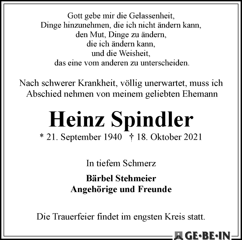Traueranzeige von Heinz Spindler von WESER-KURIER