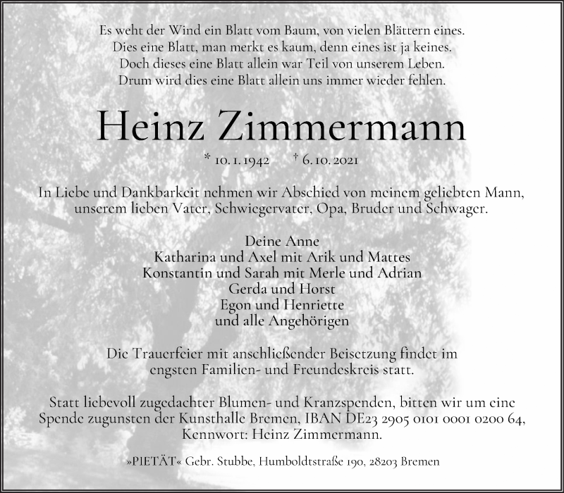 Traueranzeige von Heinz Zimmermann von WESER-KURIER