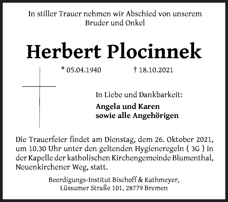 Traueranzeige von Herbert Plocinnek von Die Norddeutsche