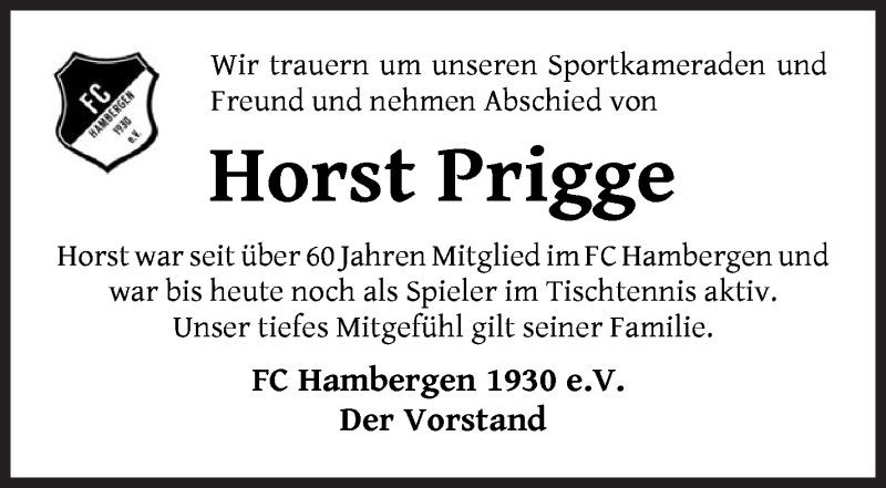 Traueranzeige von Horst Prigge von Osterholzer Kreisblatt