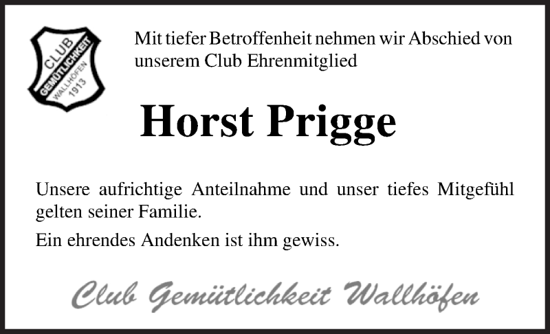 Traueranzeige von Horst Prigge von Osterholzer Kreisblatt