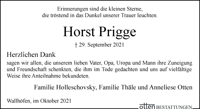 Traueranzeige von Horst Prigge von Osterholzer Kreisblatt