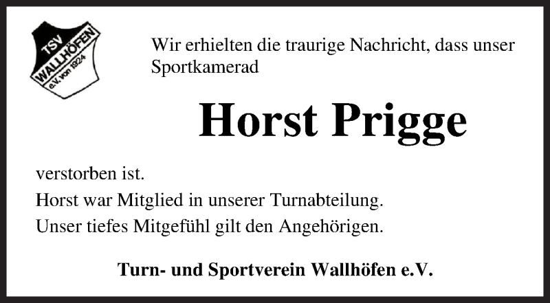 Traueranzeige von Horst Prigge von Osterholzer Kreisblatt