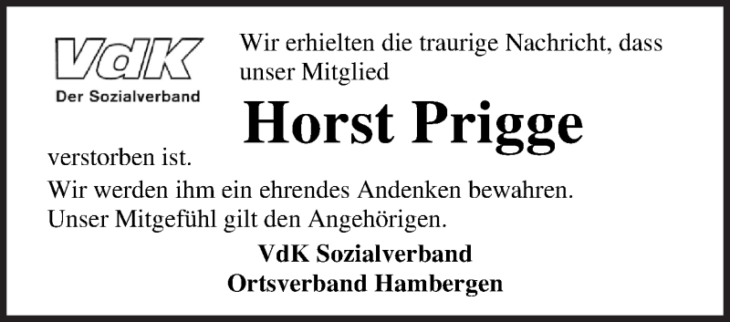 Traueranzeige von Horst Prigge von Osterholzer Kreisblatt