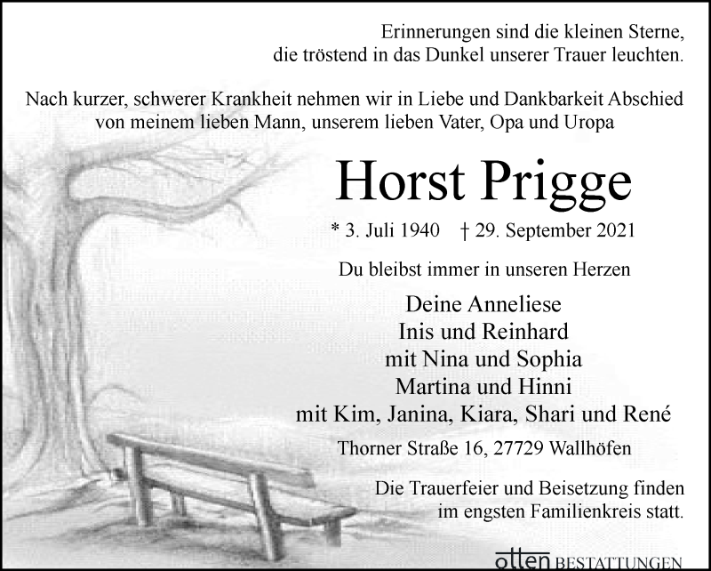 Traueranzeige von Horst Prigge von Osterholzer Kreisblatt