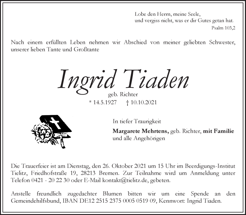 Traueranzeige von Ingrid Tiaden von WESER-KURIER