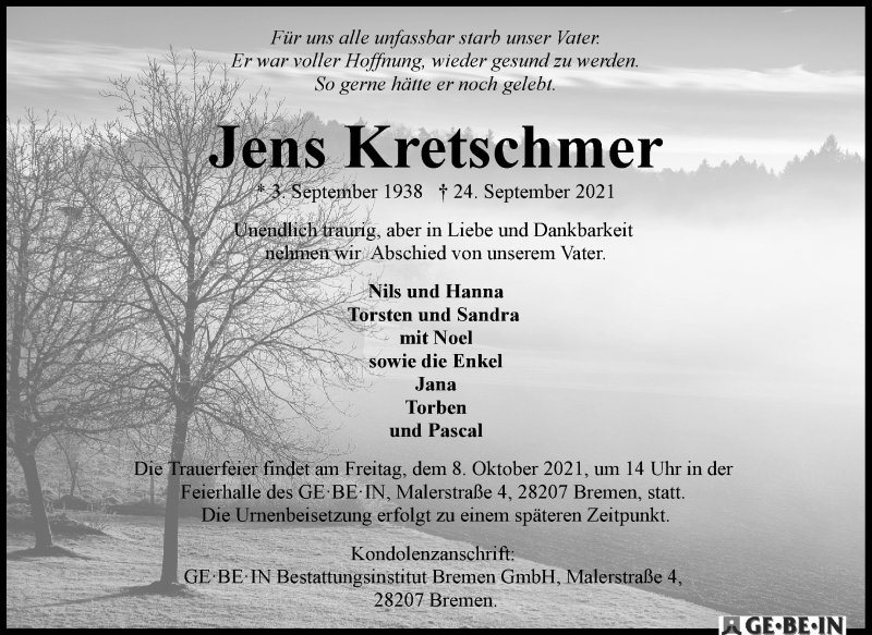 Traueranzeige von Jens Kretschmer von WESER-KURIER
