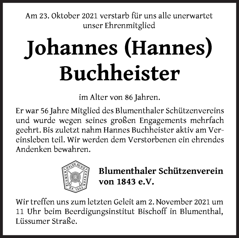Traueranzeige von Johannes Buchheister von Die Norddeutsche