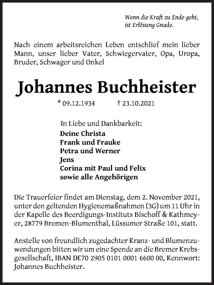 Traueranzeige von Johannes Buchheister von Die Norddeutsche