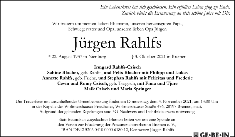 Traueranzeige von Jürgen Rahlfs von WESER-KURIER