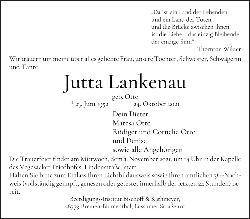 Traueranzeige von Jutta Lankenau von Die Norddeutsche