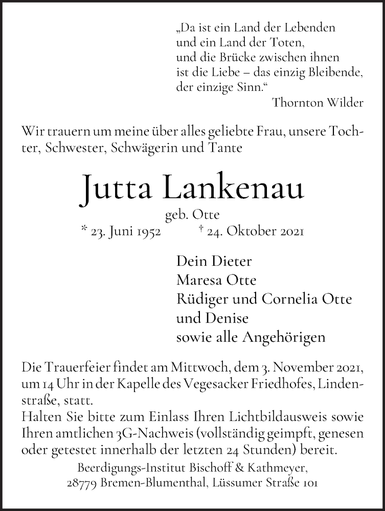 Traueranzeige von Jutta Lankenau von WESER-KURIER