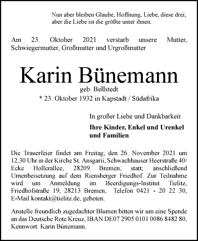 Traueranzeige von Karin Bünemann von WESER-KURIER