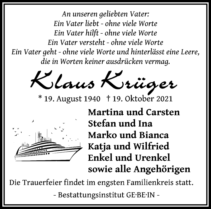 Traueranzeige von Klaus Krüger von WESER-KURIER