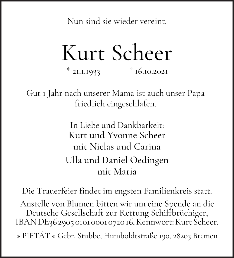 Traueranzeige von Kurt Scheer von WESER-KURIER