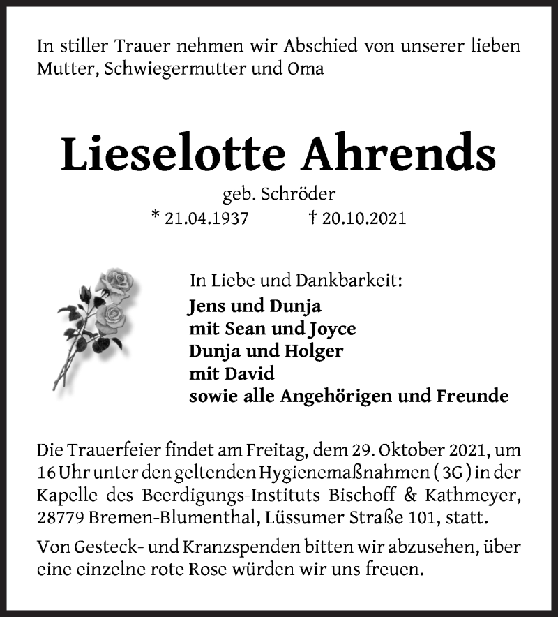 Traueranzeige von Lieselotte Ahrends von Die Norddeutsche