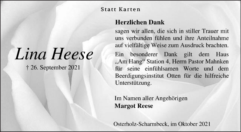 Traueranzeige von Lina Heese von Osterholzer Kreisblatt
