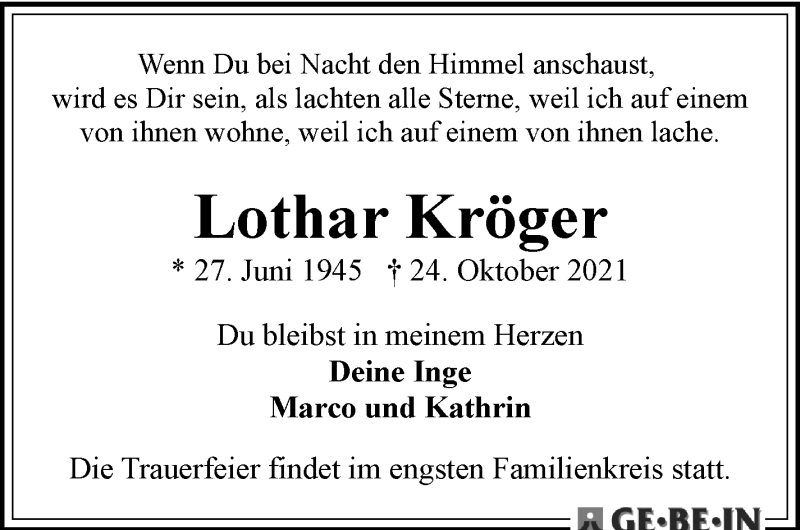 Traueranzeige von Lothar Kröger von WESER-KURIER