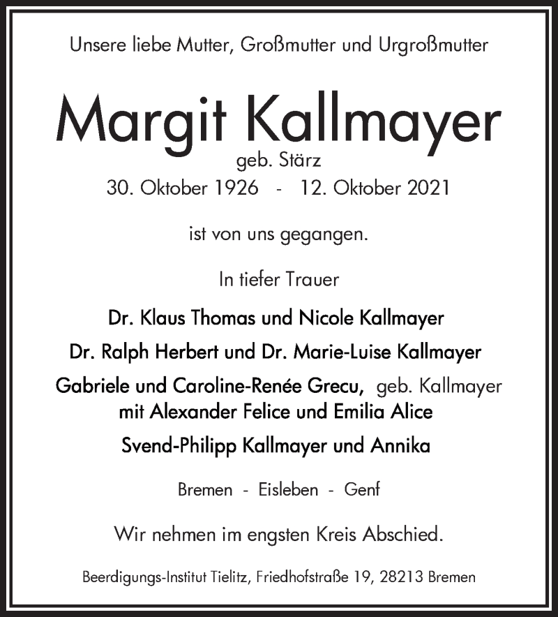 Traueranzeige von Margit Kallmayer von WESER-KURIER