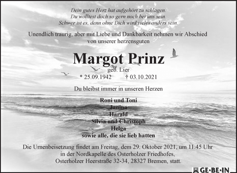 Traueranzeige von Margot Prinz von WESER-KURIER
