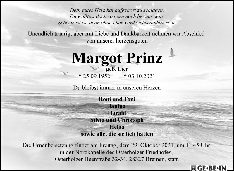 Traueranzeige von Margot Prinz von WESER-KURIER
