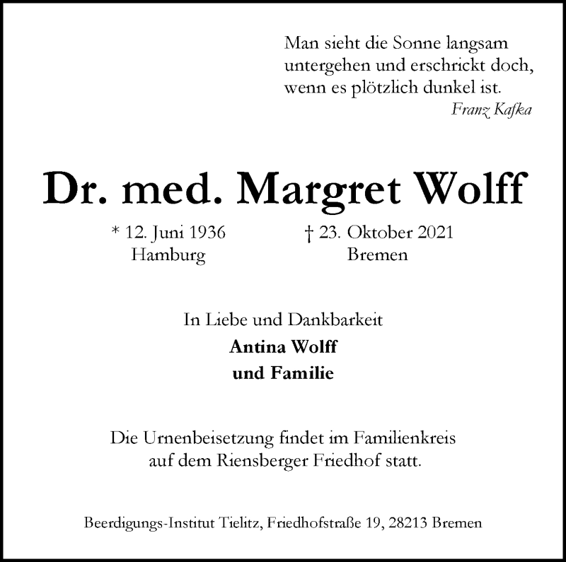 Traueranzeige von Margret Wolff von WESER-KURIER