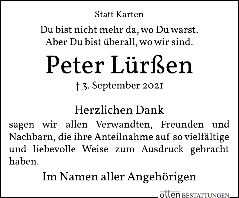 Traueranzeige von Peter Lürßen von Osterholzer Kreisblatt