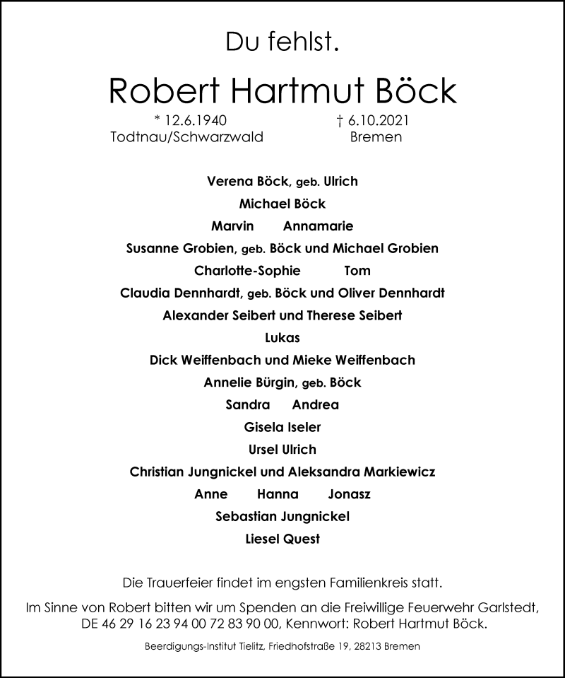 Traueranzeige von Robert Hartmut Böck von WESER-KURIER