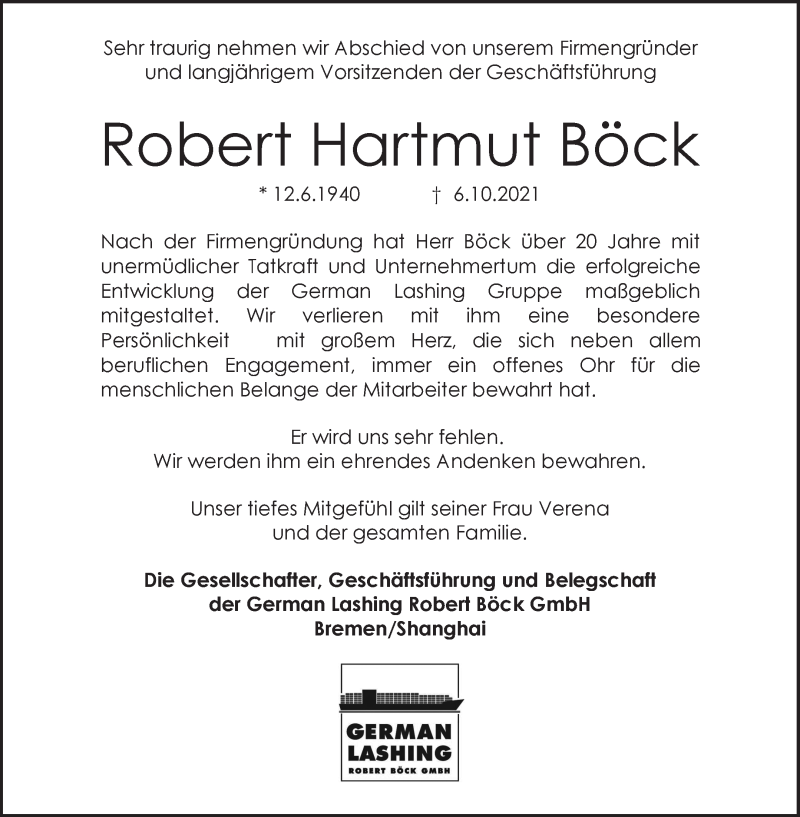 Traueranzeige von Robert Hartmut Böck von WESER-KURIER