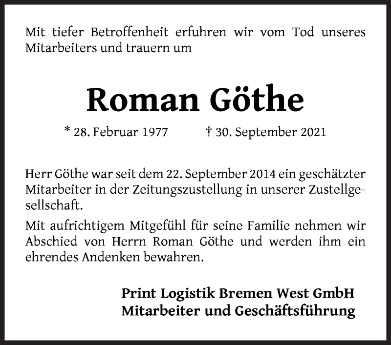 Traueranzeige von Roman Göthe von WESER-KURIER