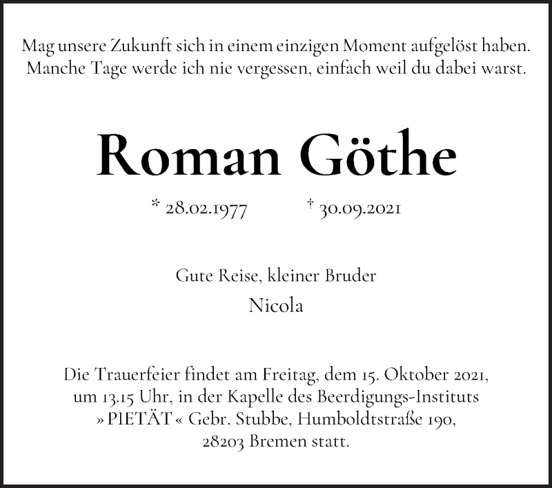 Traueranzeige von Roman Göthe von WESER-KURIER