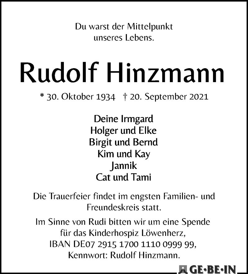 Traueranzeige von Rudolf Hinzmann von WESER-KURIER