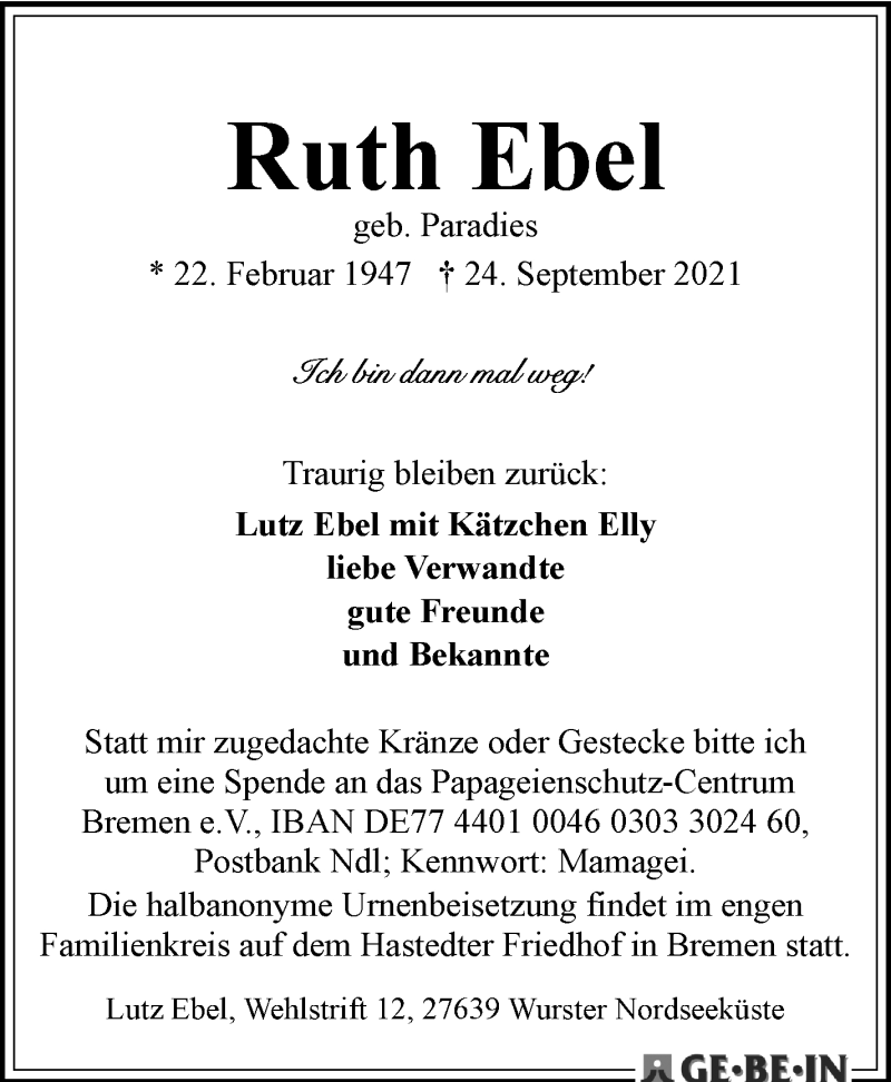 Traueranzeige von Ruth Ebel von WESER-KURIER