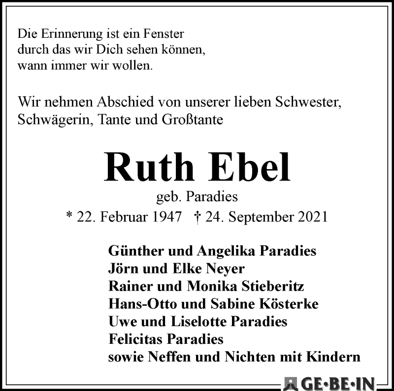 Traueranzeige von Ruth Ebel von WESER-KURIER