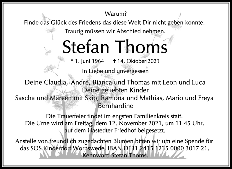 Traueranzeige von Stefan Thoms von Wuemme Zeitung