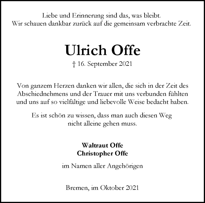 Traueranzeige von Ulrich Offe von WESER-KURIER