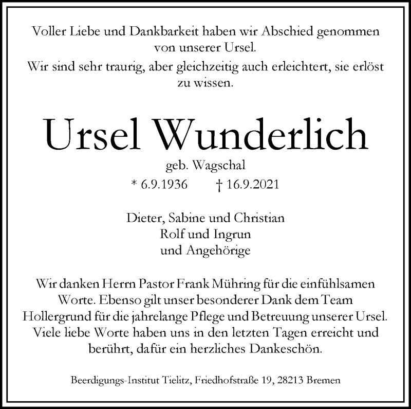 Traueranzeige von Ursel Wunderlich von WESER-KURIER
