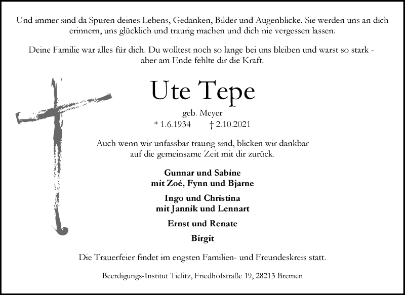 Traueranzeige von Ute Tepe von WESER-KURIER
