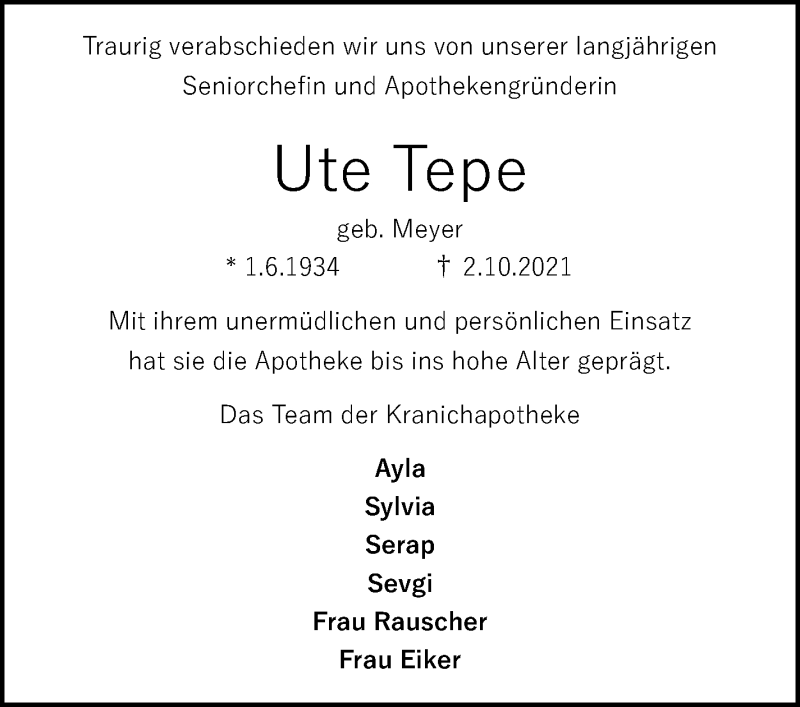 Traueranzeige von Ute Tepe von WESER-KURIER