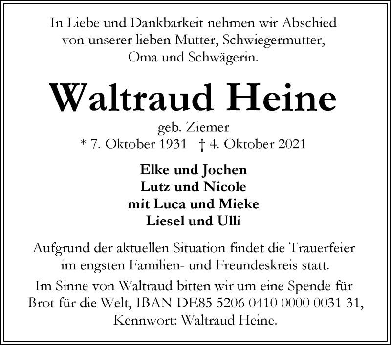 Traueranzeige von Waltraud Heine von WESER-KURIER