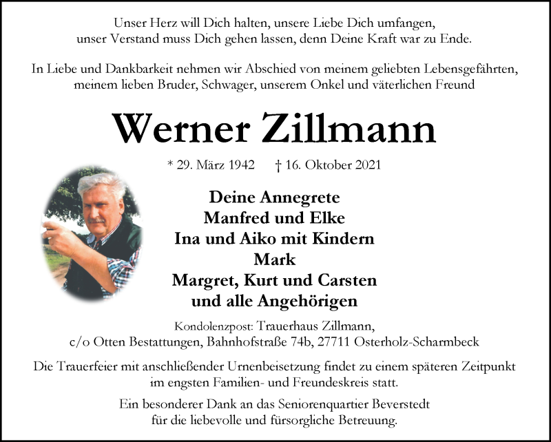 Traueranzeige von Werner Zillmann von Osterholzer Kreisblatt