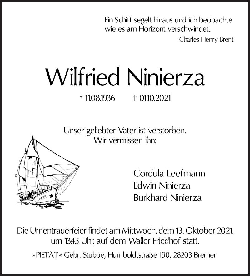 Traueranzeige von Wilfried Ninierza von WESER-KURIER