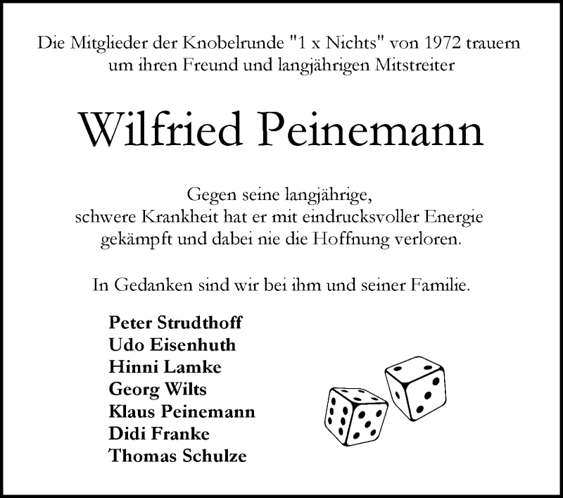 Traueranzeige von Wilfried Peinemann von WESER-KURIER