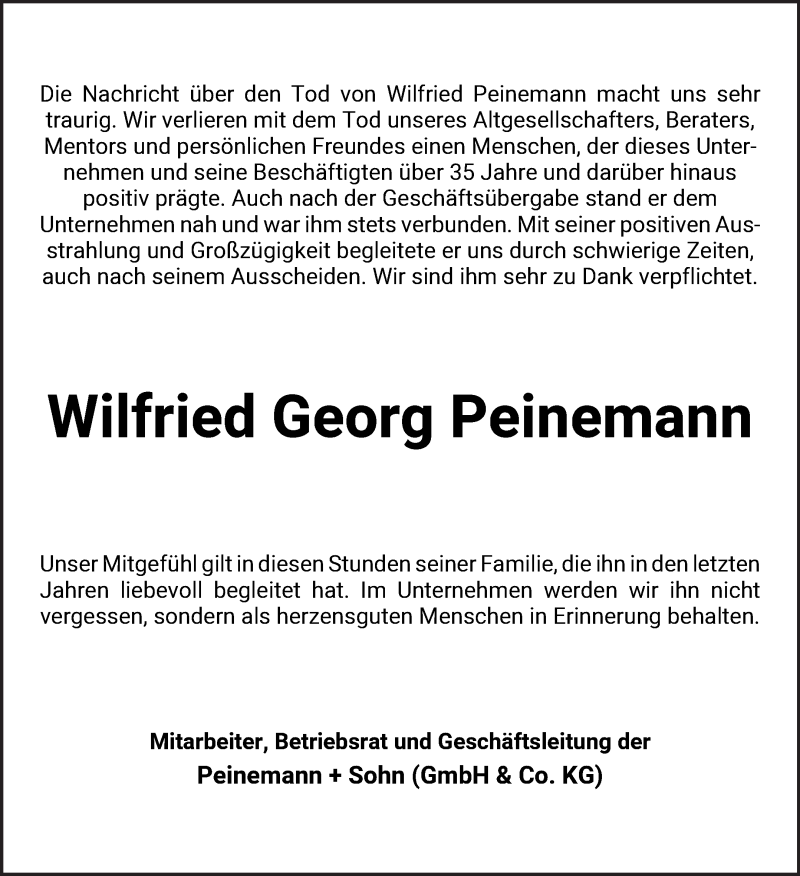 Traueranzeige von Wilfried Georg Peinemann von WESER-KURIER