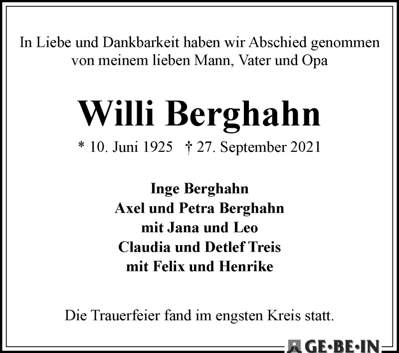 Traueranzeige von Willi Berghahn von WESER-KURIER