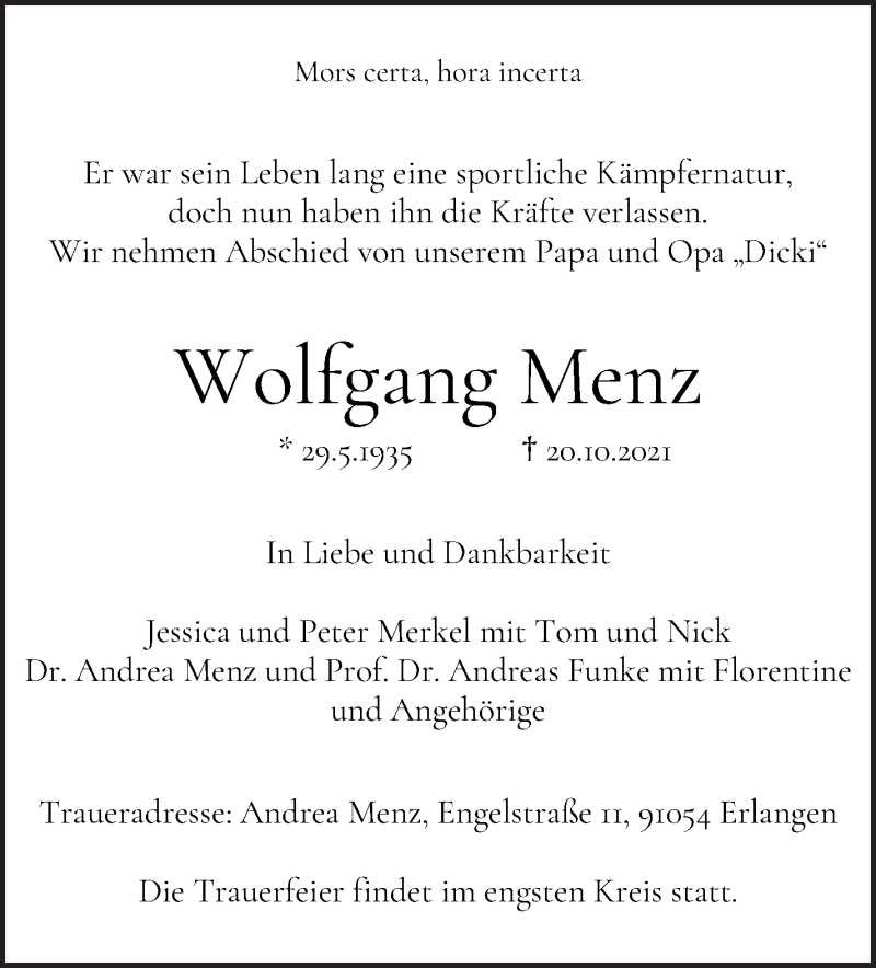 Traueranzeige von Wolfgang Menz von WESER-KURIER