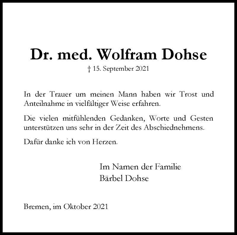 Traueranzeige von Wolfram Dohse von WESER-KURIER