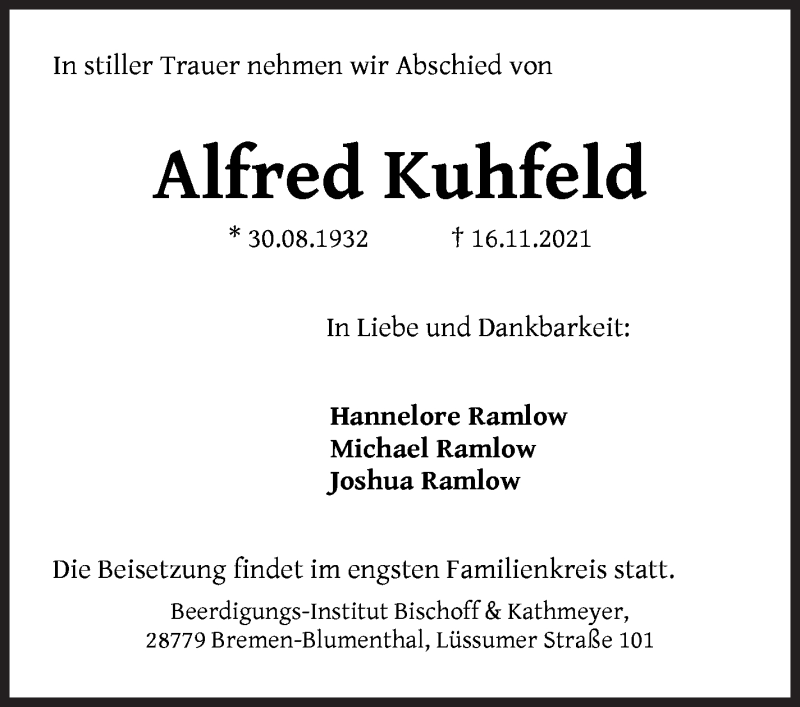 Traueranzeige von Alfred Kuhfeld von Die Norddeutsche