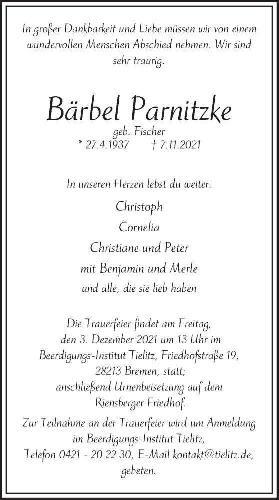 Traueranzeige von Bärbel Parnitzke von WESER-KURIER