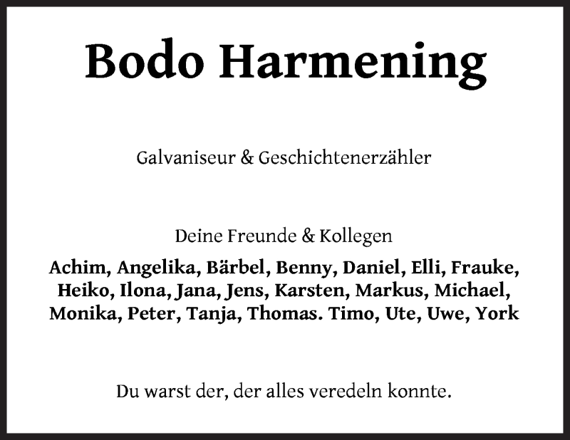 Traueranzeige von Bodo Harmening von WESER-KURIER